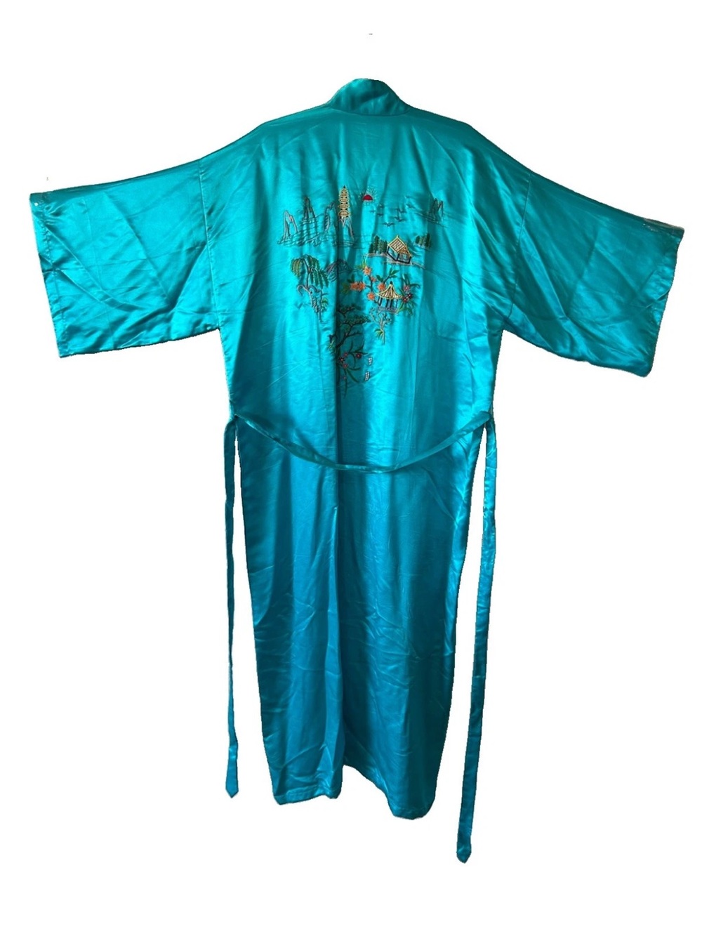 Vintage Golden Dragon Turquoise 100% Silk Hand Embroidered Kimono Robe Long M